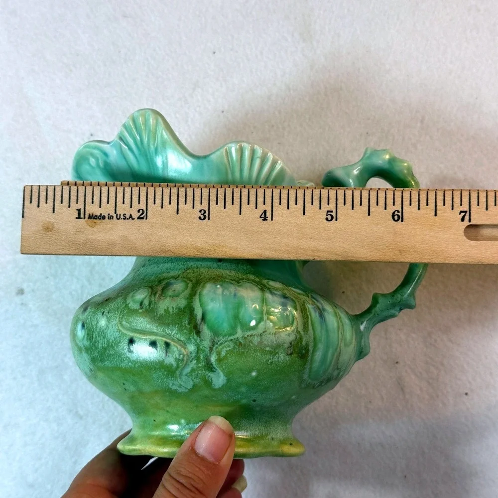 Vintage Studio Pottery Pitcher Green Drip Glaze Ewer Scalloped‎ Cottagecore